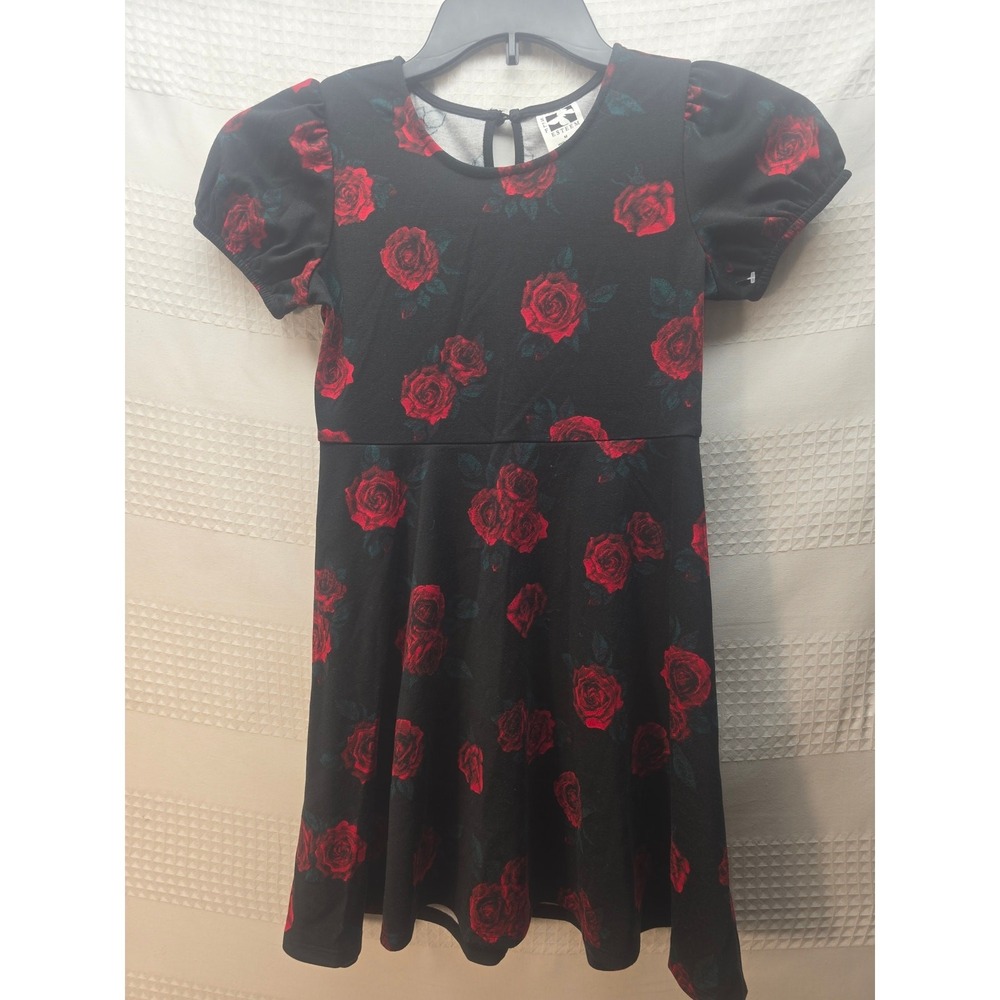 Self Esteem Girls Dress Size Medium 8 Black Red Floral Rose Peplum Sleeve Midi